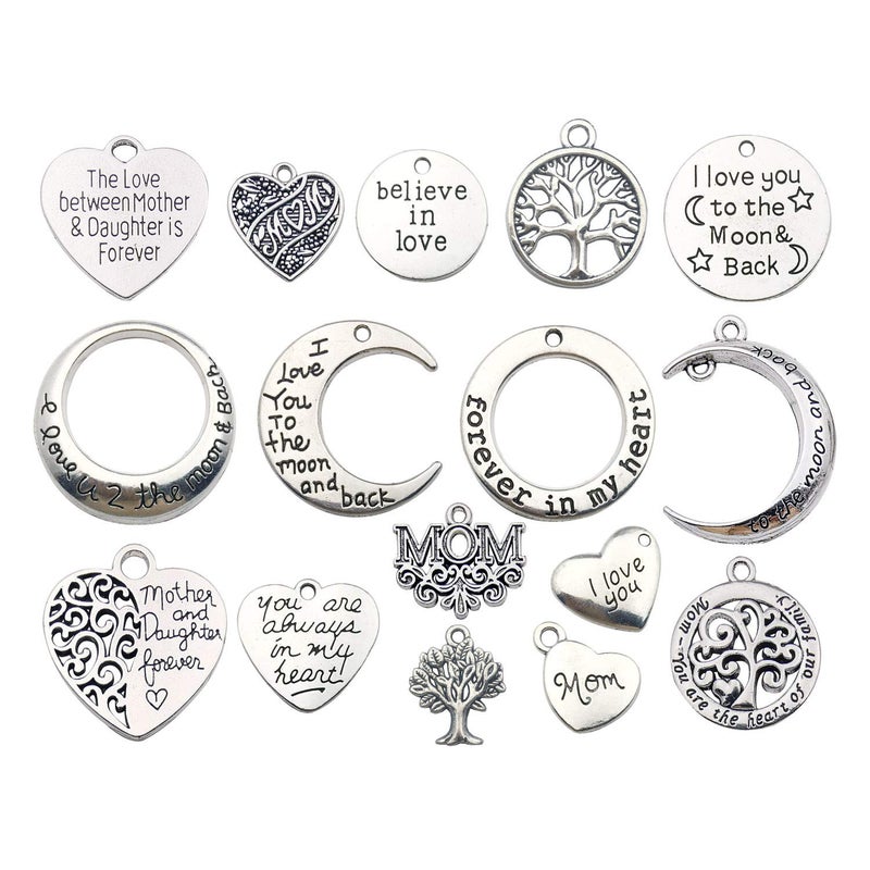 iloveDIYbeads Family Mom Words Charm Collection-32 PCS Craft Supplies Heart Moon Love Words Mother's Day Charms Pendants for Jewelry Making Crafting Findings Accessory for DIY Necklace Bracelet Earrings (M283) - Image 1